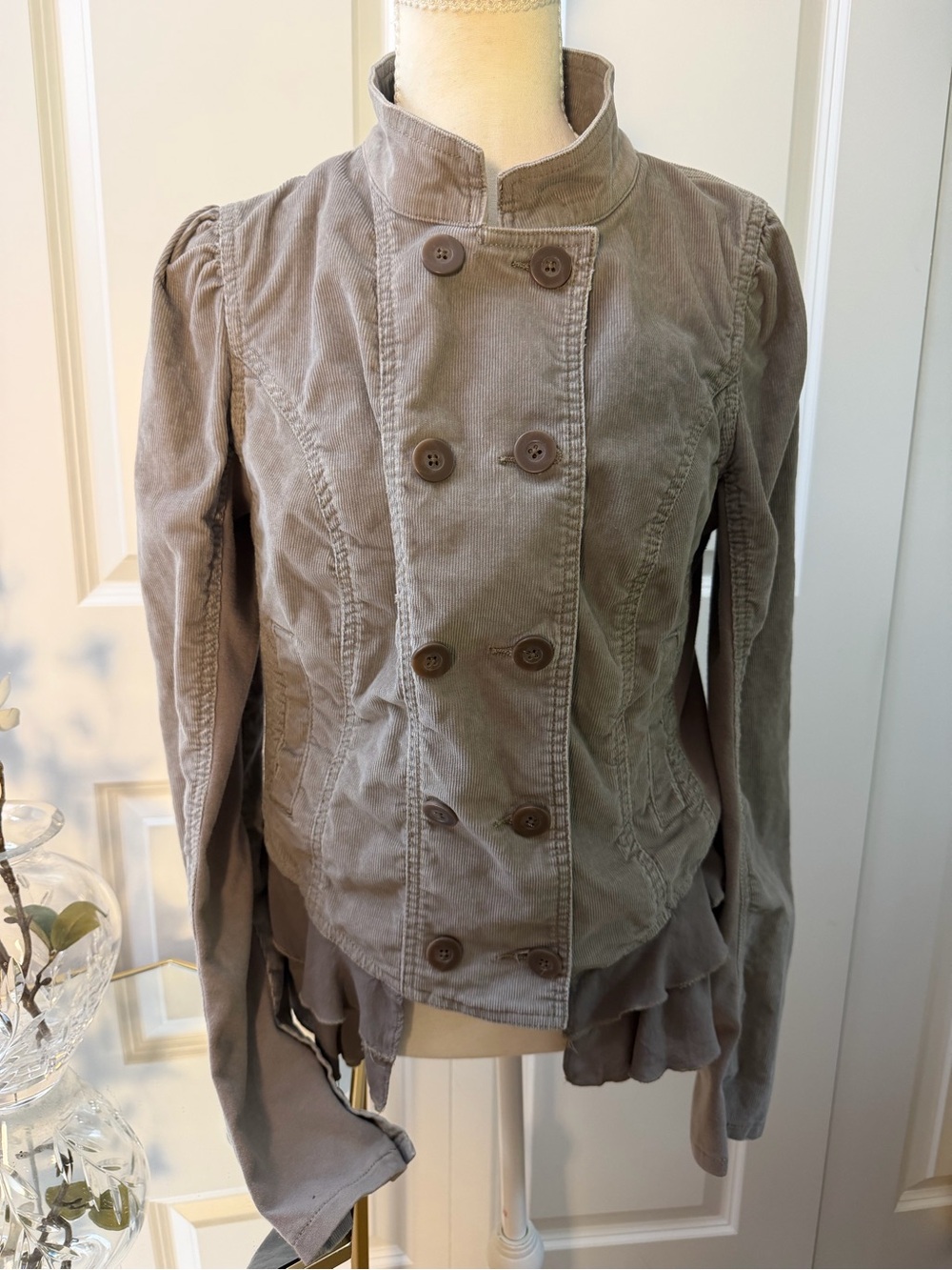 Free people Womens Taupe Double-Breasted Corduroy Jacket peplum bottom sz 10
